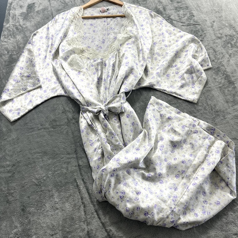 Vintage Linda Blis Floral Nightgown and Matching Robe Set Purple Lace Medium